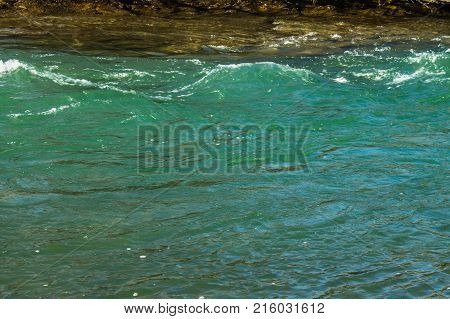 River In Winter. Rapids Of Stormy River. Winter Landscape.