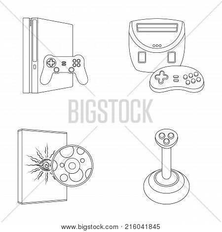 Game console, joystick and disc outline icons in set collection for design.Game Gadgets vector symbol stock  illustration.