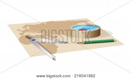 World map, metal dividers, glass compass and wooden pencil isolated vector illustration on white background. Geographical distance measurement tools.