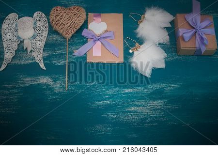 Festive flat lay arrangement. Set of decorative elements for Valentine's day. The concept