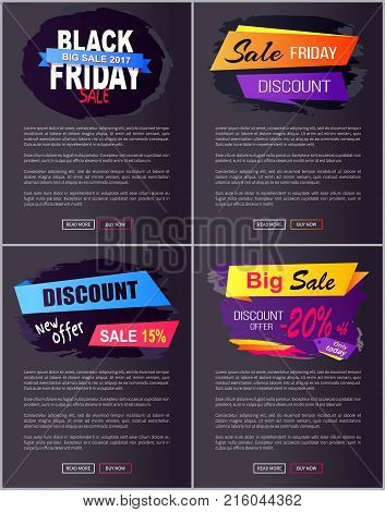 Big sale 2017 Black Friday discounts new offer advert web banners set with text on geometric abstract figures isolated on dark vector illustrations