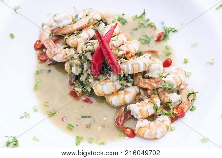 spicy garlic and wine prawns modern fusion gourmet food cuisine meal