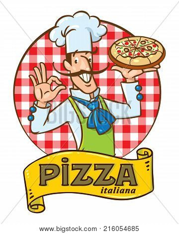 Chef with pizza. Emblem design of funny baker man on chekered background and vintage logo. Children vector illustration.