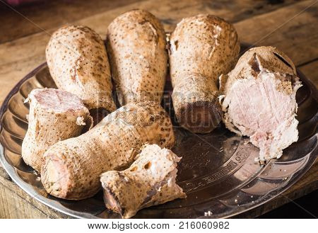 Cooked Cassava On  Platter On  Table Of Boards In Kenya