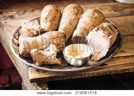 Cooked Cassava On  Platter On  Table Of Boards In Kenya