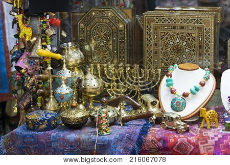 JERUSALEM, ISRAEL - 22 NOVEMBER 2017: The market of religious objects of worship of different religions in the territory of the old Jerusalem
