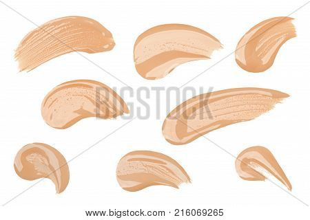 Close up foundation color samples on white background