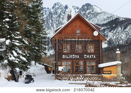 HREBIENOK, SLOVAKIA - JANUARY 07, 2015: Wooden hotel called Bilikova chata. Is a historical high mountain cottage in the Tatra National park. It lies on the southeastern foot of the Slavkovsky peak.