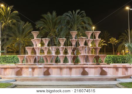 Fountain of the Glorieta in the Municipal Park of Elche. Horizontal Shot at night