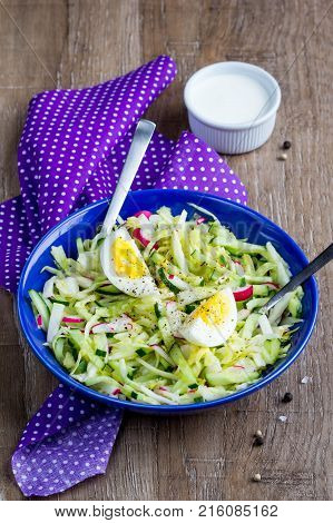 Fresh Salad With Cabbage, Cucumber, Radish And Egg, Healthy Spring Dish In Rustic Style And Bright P