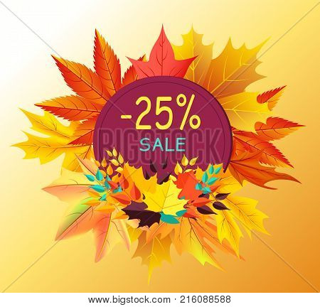 Autumn discount - 25 sale gift card design with maple leaves isolated on background of fall golden foliage frame vector illustration promo poster