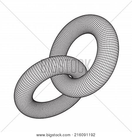 Wireframe polygonal element. 3D Torus chain with lines and dots abstract vector background