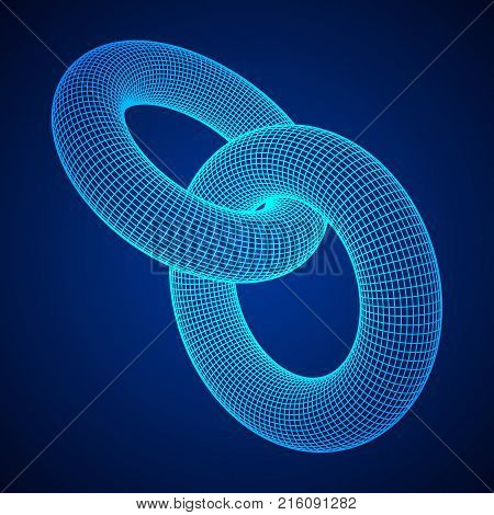 Wireframe polygonal element. 3D Torus chain with lines and dots abstract vector background
