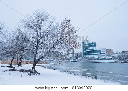 Winter City. Day. Pierce, The Water In The River Is Frozen. Rostov-on-don, South Russia.