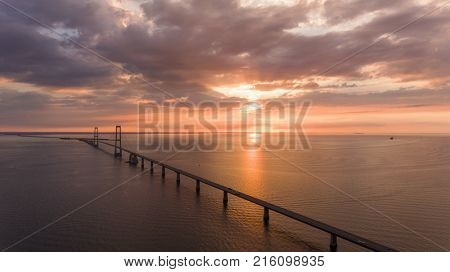 Bridge in denmark at the sunset. Aerial View
