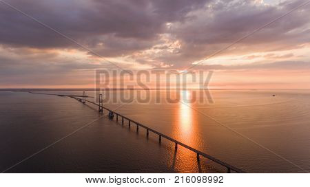 Bridge in denmark at the sunset. Aerial View