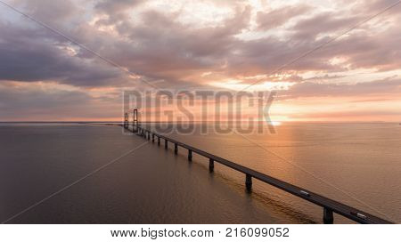 Bridge in denmark at the sunset. Aerial View