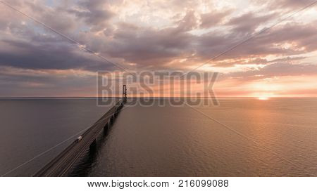 Bridge in denmark at the sunset. Aerial View