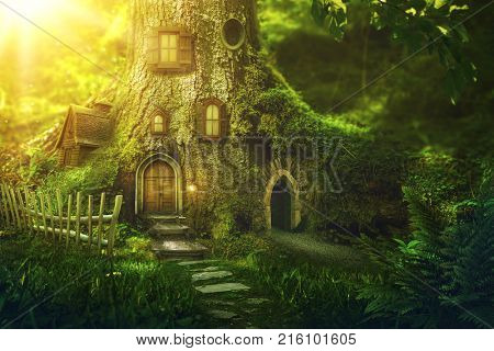 Fantasy tree house in deep forest