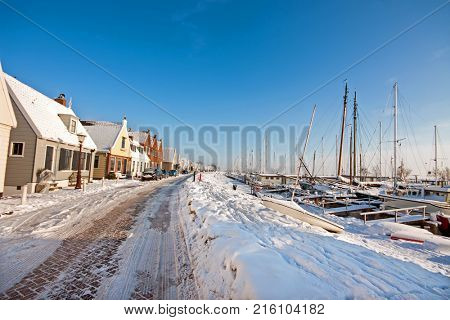 Snowy Durgerdam in winter in the Netherlands