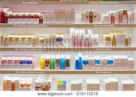 ROME, ITALY - CIRCA NOVEMBER, 2017: Clarins beauty products sit on display at a second flagship store of Rinascente in Rome. Clarins is a French luxury skin care, cosmetics and perfume company