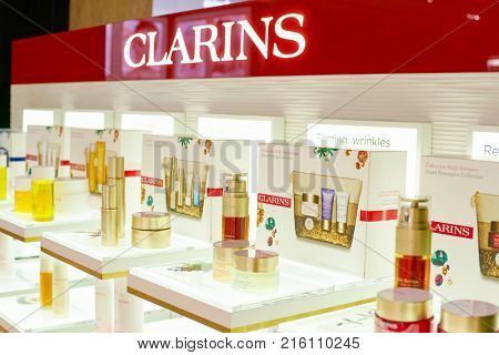 ROME, ITALY - CIRCA NOVEMBER, 2017: Clarins beauty products sit on display at a second flagship store of Rinascente in Rome. Clarins is a French luxury skin care, cosmetics and perfume company