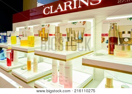ROME, ITALY - CIRCA NOVEMBER, 2017: Clarins beauty products sit on display at a second flagship store of Rinascente in Rome. Clarins is a French luxury skin care, cosmetics and perfume company
