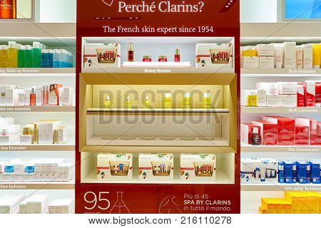 ROME, ITALY - CIRCA NOVEMBER, 2017: Clarins beauty products sit on display at a second flagship store of Rinascente in Rome. Clarins is a French luxury skin care, cosmetics and perfume company