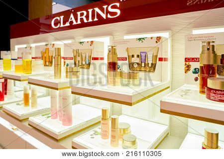 ROME, ITALY - CIRCA NOVEMBER, 2017: Clarins beauty products sit on display at a second flagship store of Rinascente in Rome. Clarins is a French luxury skin care, cosmetics and perfume company