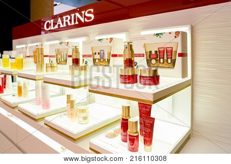 ROME, ITALY - CIRCA NOVEMBER, 2017: Clarins beauty products sit on display at a second flagship store of Rinascente in Rome. Clarins is a French luxury skin care, cosmetics and perfume company