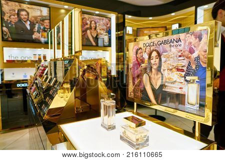 ROME, ITALY - CIRCA NOVEMBER, 2017: bottles of Dolce & Gabbana fragrance sit on display at a second flagship store of Rinascente in Rome. Dolce & Gabbana is an Italian luxury fashion house