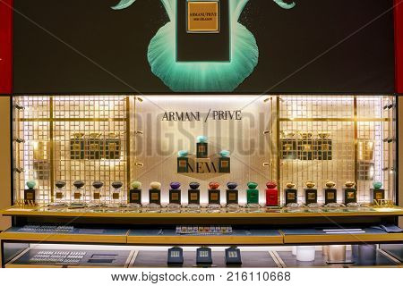 ROME, ITALY - CIRCA NOVEMBER, 2017: bottles of Armani / Prive fragrance on display at a second flagship store of Rinascente in Rome.