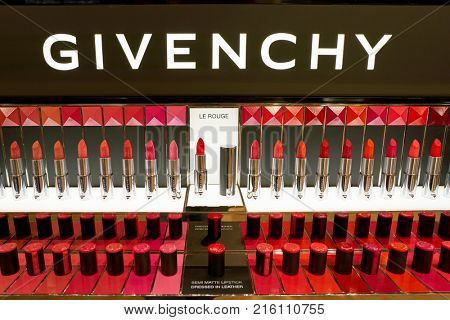 ROME, ITALY - CIRCA NOVEMBER, 2017: Givenchy lipsticks on display at a second flagship store of Rinascente in Rome.