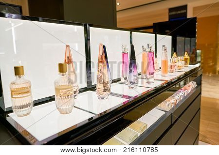 ROME, ITALY - CIRCA NOVEMBER, 2017: bottles of Givenchy fragrance sit on display at a second flagship store of Rinascente in Rome.