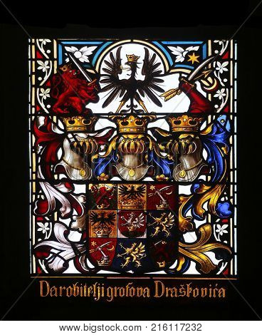 ZAGREB, CROATIA - APRIL 07: Coat of arms of the Counts Draskovic, stained glass in Zagreb cathedral dedicated to the Assumption of Mary in Zagreb on April 07, 2015