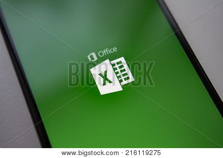 Berlin Germany - November 19 2017: Microsoft Exel app on screen modern smartphone. Microsoft office on mobile phone
