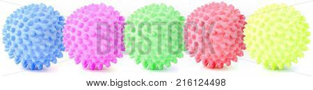 Five different spiky balls - toy for dogs isolated on white, collage