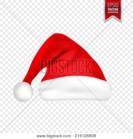 Christmas Santa Claus Hats With Shadow Set. New Year Red Hat Isolated on Transparent Background. Vector illustration.
