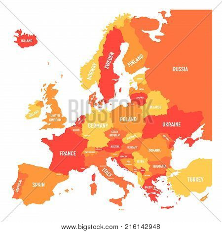 Political map of Europe continent in four shades of orange with white country name labels and isolated on white background. Vector illustration.