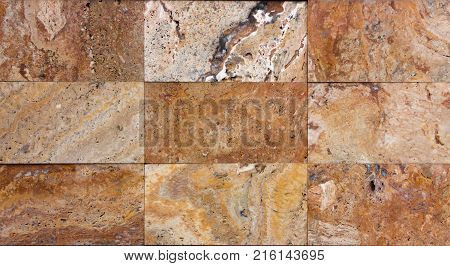 Stone wall texture, travertine tiles facing background