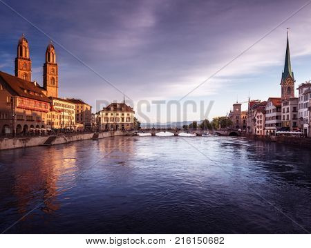 Zurich city center with famous Fraumunster, Grossmunster and St. Peter and river Limmat, Switzerland