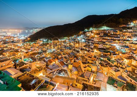 Gamcheon Culture Village at night in Busan South Korea.