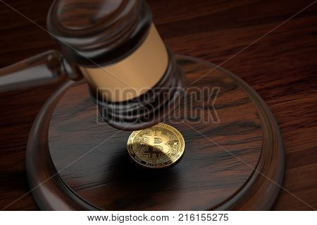 Judge gavel and Bitcoin laying underneath it. Legal situation of bitcoin and stock markets trading it concept. 3D rendering