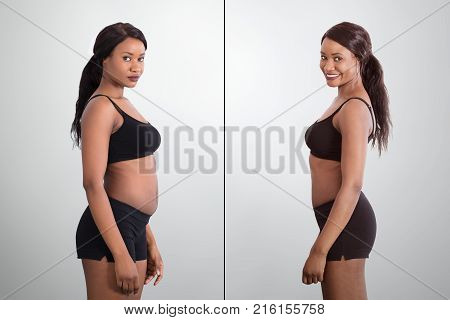 Before And After Concept Showing Fat To Slim African Woman On Grey Background