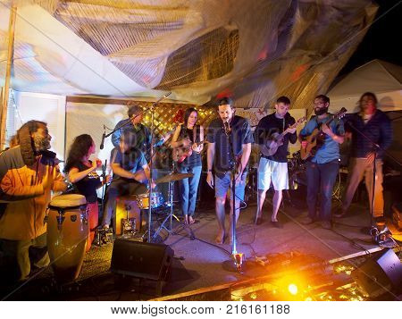 Oahu - February 20 2017: Large Improve Band Playing At Optimysstique 2017 Campout Featuring Ukulele 