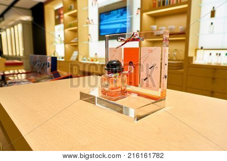 ROME, ITALY - CIRCA NOVEMBER, 2017: bottle of Hermes fragrance sit on display at a second flagship store of Rinascente in Rome.