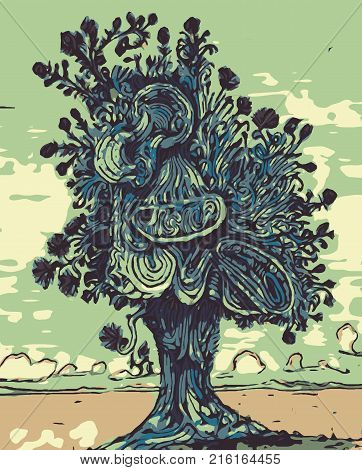 A picture of a surreal tree in e desert artwork