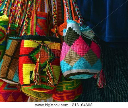 Handcrafted Colombian knitwear on a sale at a souvenir shop in Cartagena.