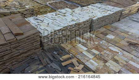 decorative building stone on a pallet can be used for advertising.