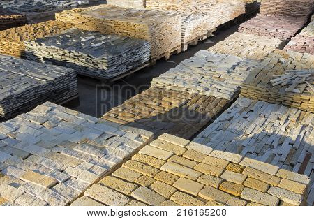 decorative building stone on a pallet can be used for advertising.